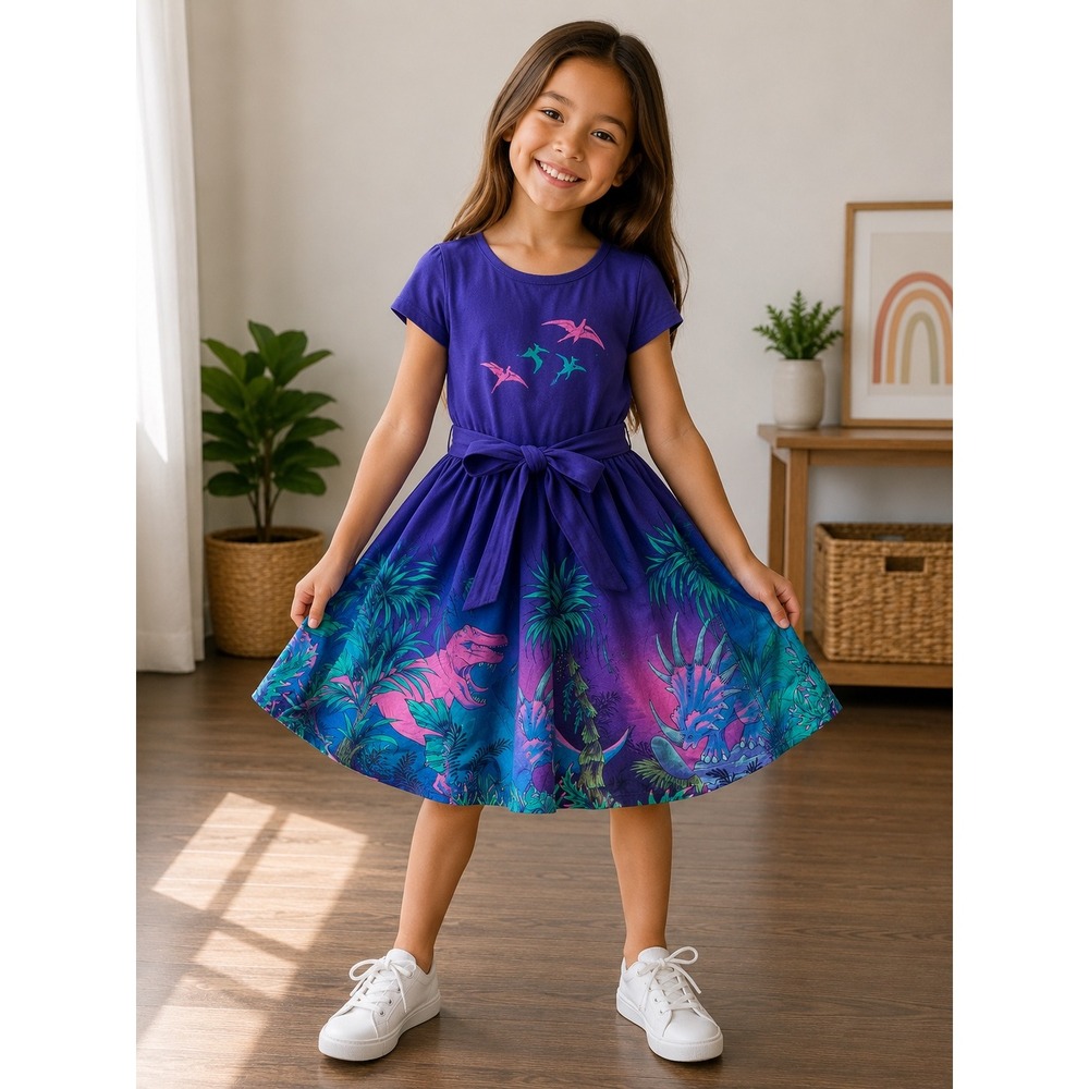 Princess Awesome Girls Purple Dinosaur Jungle Print Twirl Dress Size 12